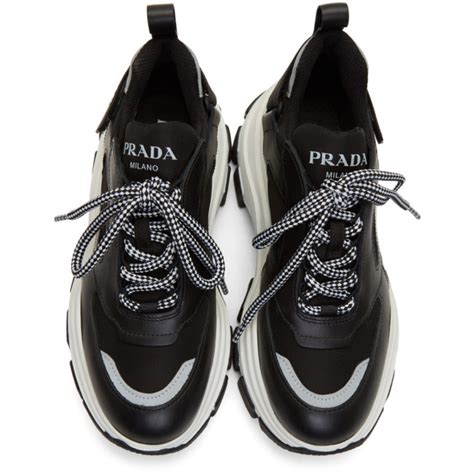 prada black and white chunky sneakers|Prada black platform sneakers.